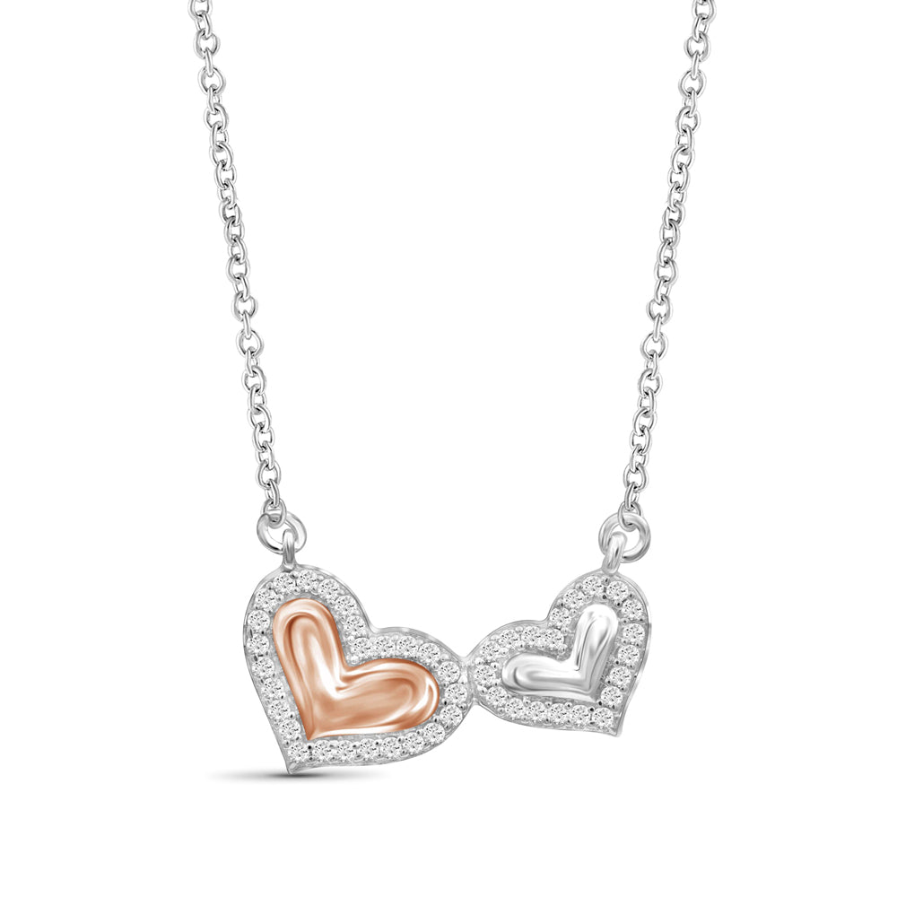 JewelonFire 1/10 Ctw White Diamond Double Heart Necklace in Two-Tone Sterling Silver