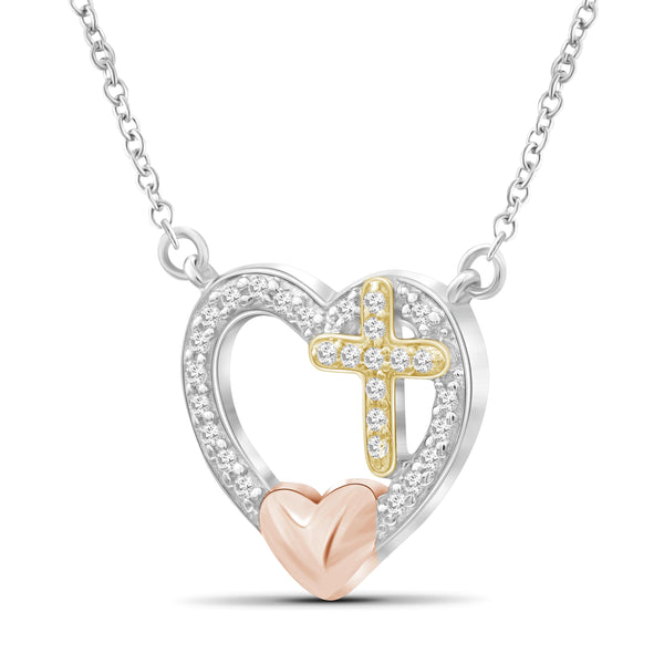 JewelonFire 1/7 Carat T.W. White Diamond Three Tone Silver Cross In Heart Pendant