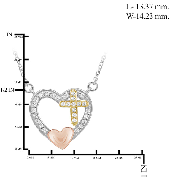 JewelonFire 1/7 Carat T.W. White Diamond Three Tone Silver Cross In Heart Pendant