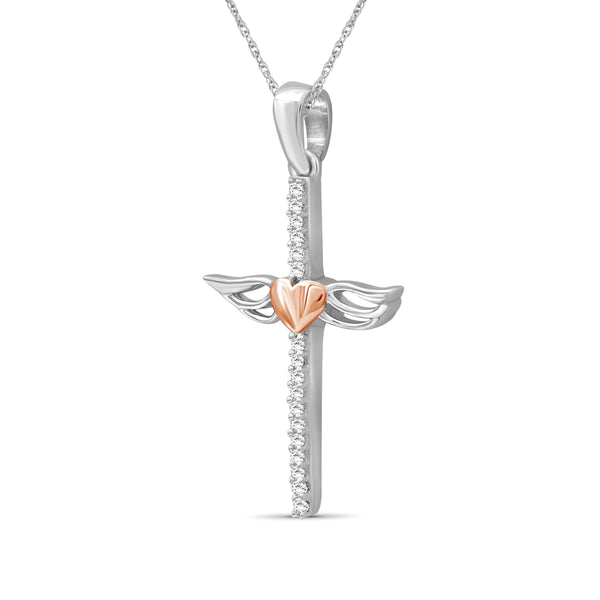 JewelonFire 1/20 Ctw White Diamond Cross Pendant in Two-Tone Sterling Silver