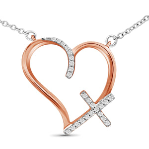 JewelonFire 1/10 Ctw White Diamond Open Heart Cross Pendant in Two-Tone Sterling Silver