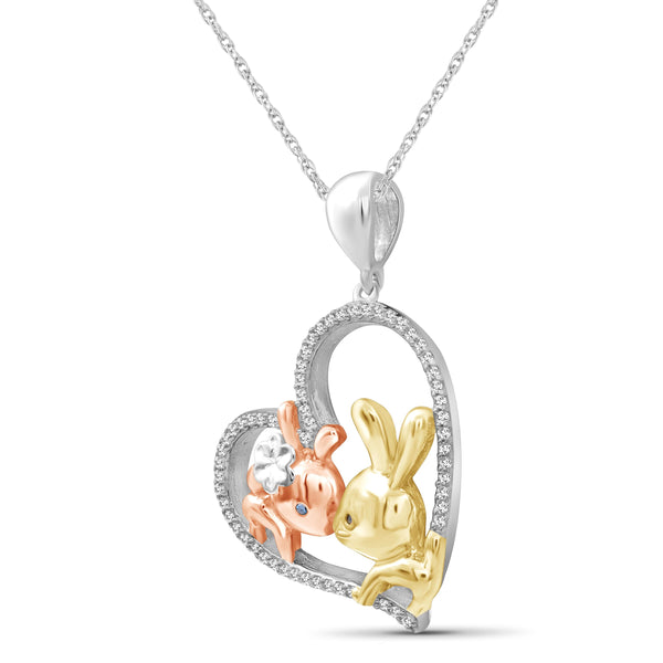 JewelonFire 1/7 Ctw Multi Color Diamond Tri-Tone Sterling Silver Bunny Baby & Mom Heart Pendant