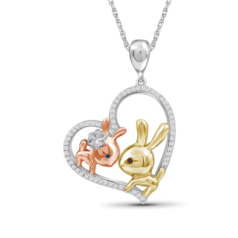 JewelonFire 1/7 Ctw Multi Color Diamond Tri-Tone Sterling Silver Bunny Baby & Mom Heart Pendant