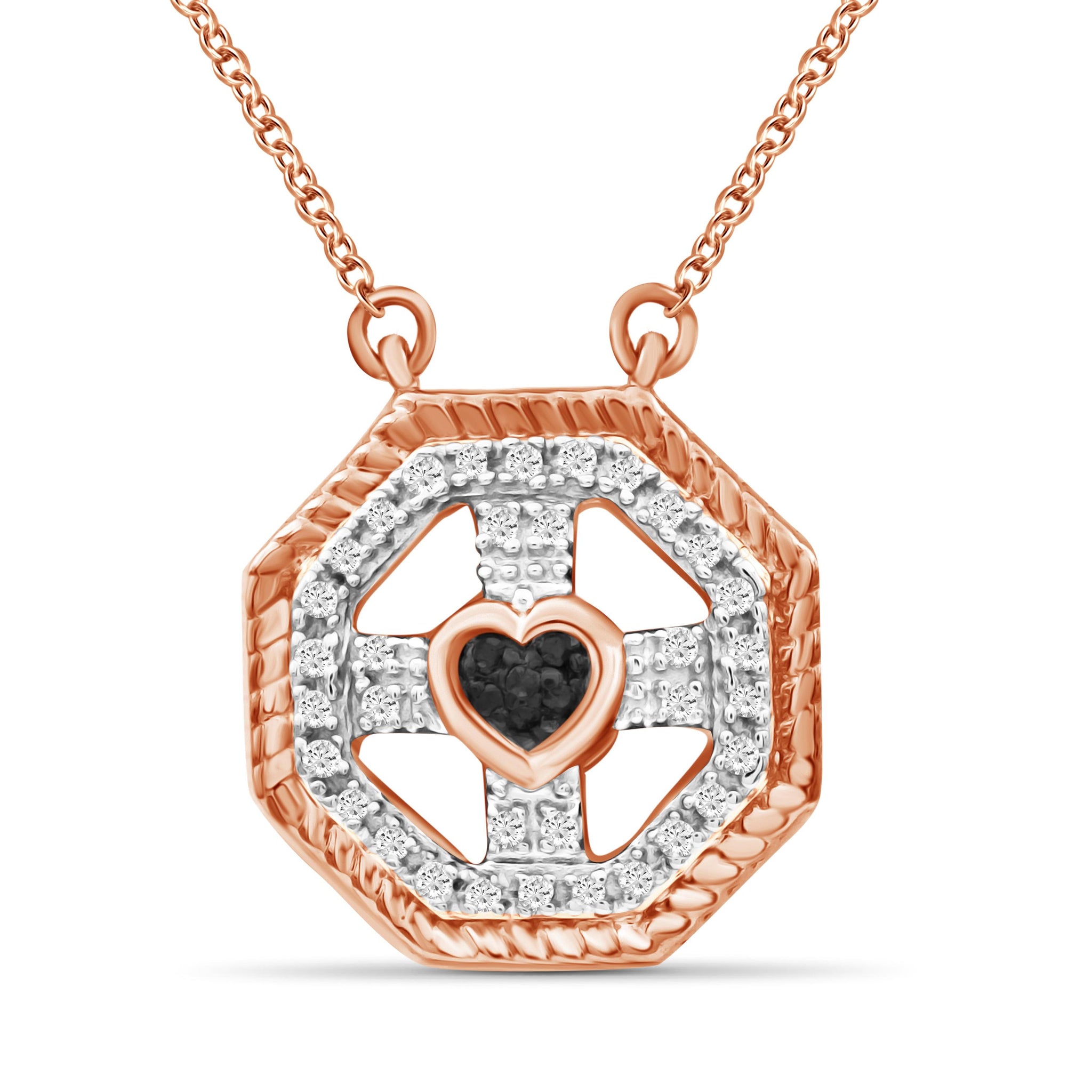 JewelonFire 1/10 Carat T.W. Black And White Diamond Rose Gold Over Silver Heart Octagon Pendant