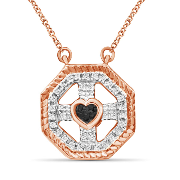 JewelonFire 1/10 Carat T.W. Black And White Diamond Rose Gold Over Silver Heart Octagon Pendant