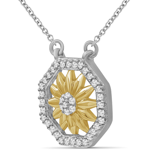 JewelonFire 1/7 Carat T.W. White Diamond Two Tone Silver Flower Octagon Pendant