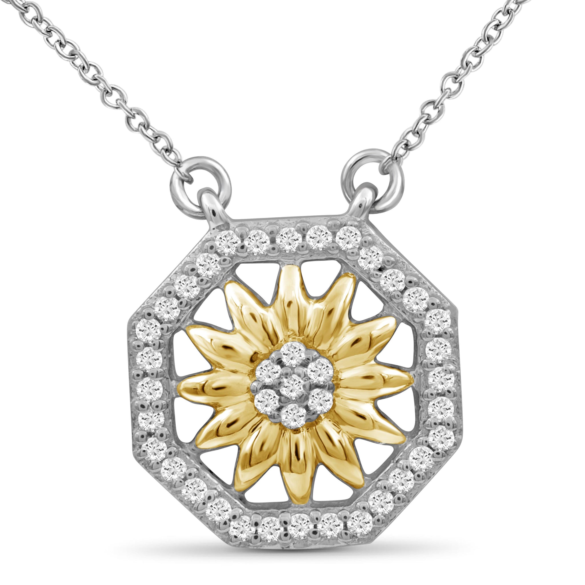 JewelonFire 1/7 Carat T.W. White Diamond Two Tone Silver Flower Octagon Pendant