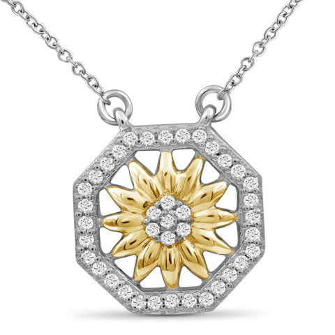 JewelonFire 1/7 Carat T.W. White Diamond Two Tone Silver Flower Octagon Pendant