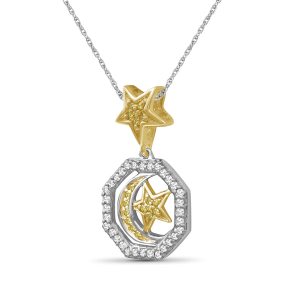 JewelonFire 1/7 Carat T.W. Yellow And White Diamond Two Tone Silver Star & Moon Octagon Pendant