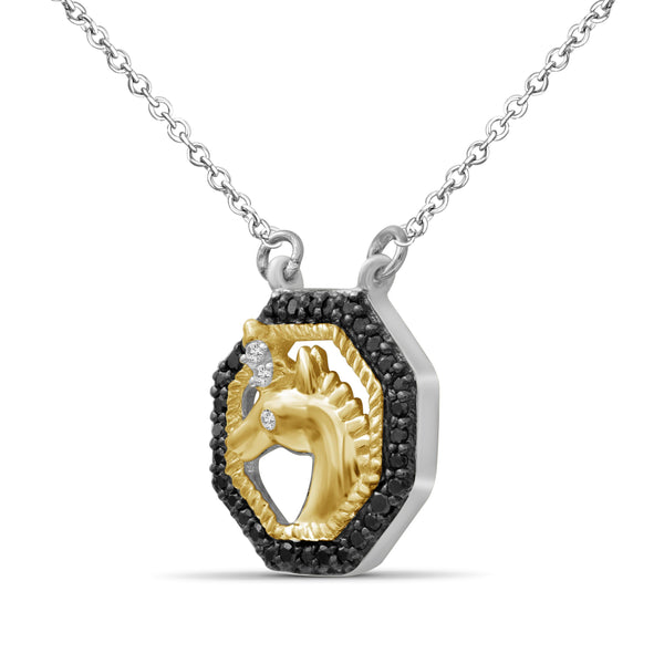 JewelonFire 1/10 Carat T.W. Black And White Diamond Two Tone Silver Unicorn Octagon Pendant