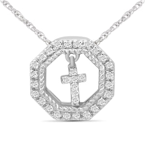 JewelonFire 1/10 Carat T.W. White Diamond Sterling Silver Cross Octagon Pendant - Assorted Colors