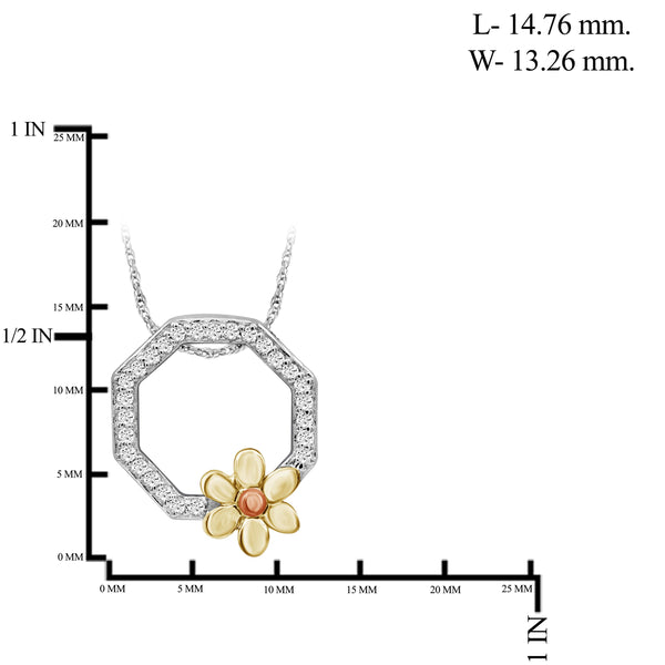 JewelonFire 1/10 Carat T.W. White Diamond Three Tone Sterling Silver Flower Octagon Pendant