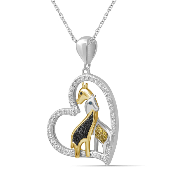 JewelonFire 1/5 Ctw Multi Color Diamond Two-Tone Sterling Silver Giraffes Heart Pendant