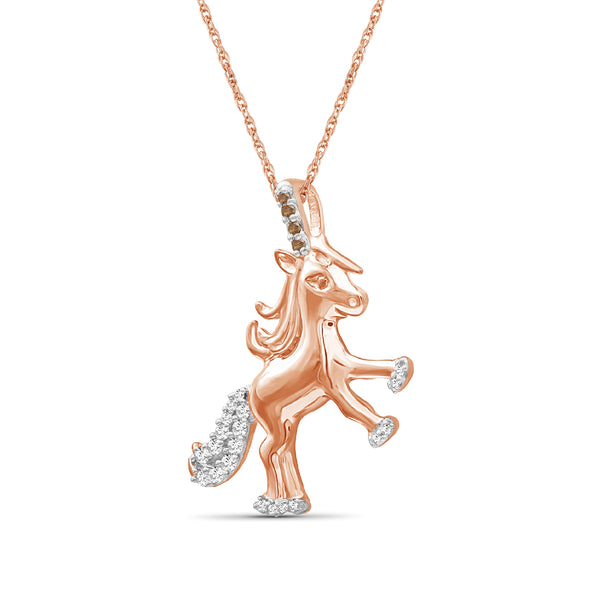 JewelonFire 1/10 Ctw Champagne & White Diamond Rose Gold over Silver Unicorn Pendant