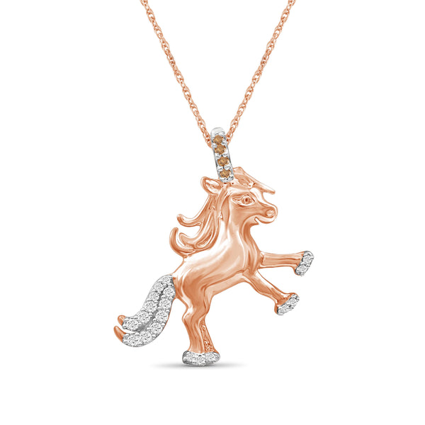 JewelonFire 1/10 Ctw Champagne & White Diamond Rose Gold over Silver Unicorn Pendant