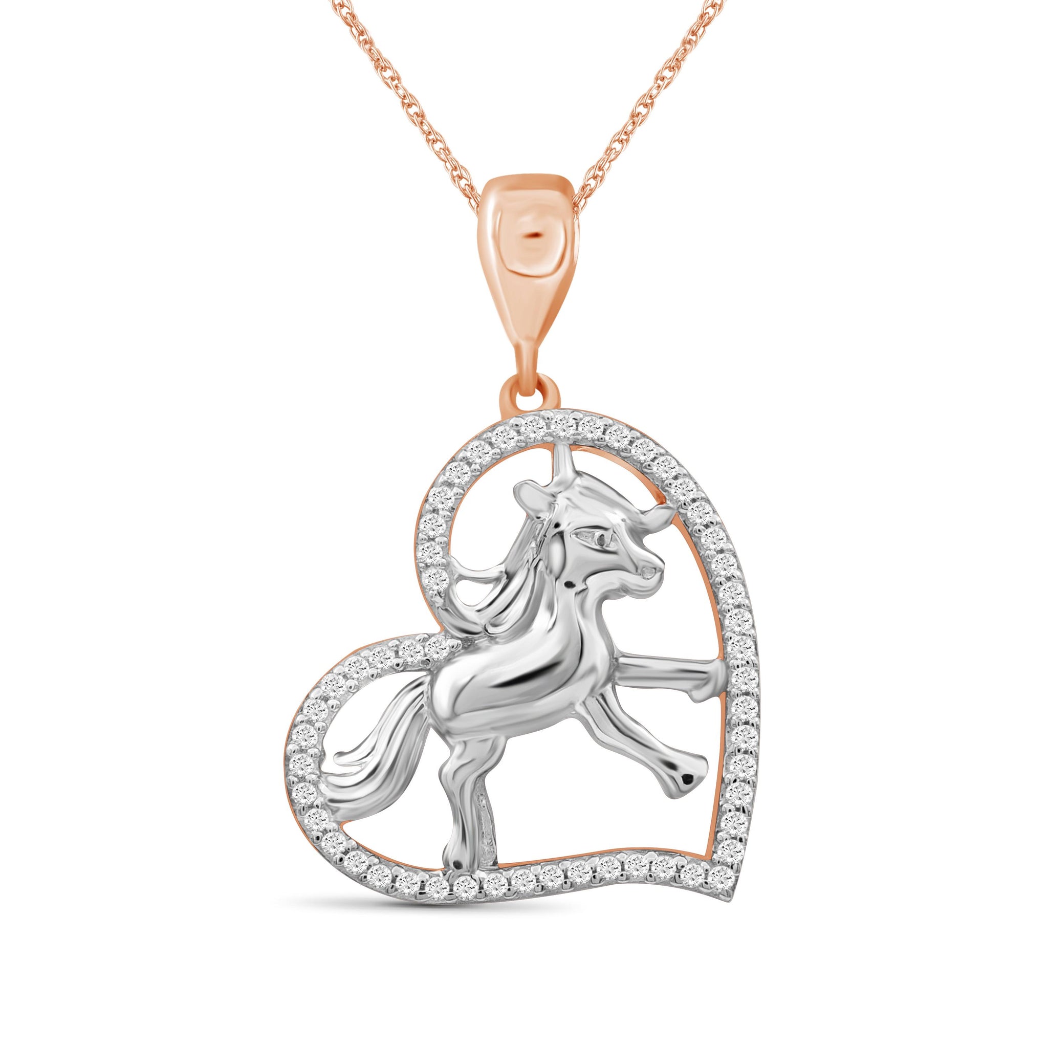 JewelonFire 1/7 Ctw White Diamond Two-Tone Sterling Silver Horse Pendant