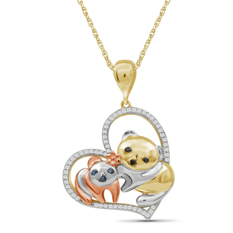 JewelonFire 1/7 Ctw Multi Color Diamond Tri-Tone Sterling Silver Panda Heart Pendant