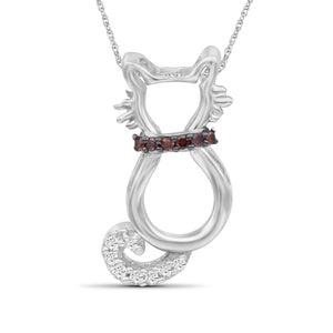 JewelonFire 1/20 Ctw Red & White Diamond Sterling Silver Cat Pendant