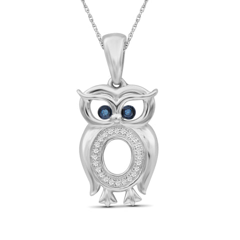 JewelonFire 1/10 Ctw Blue & White Diamond Sterling Silver Owl Pendant