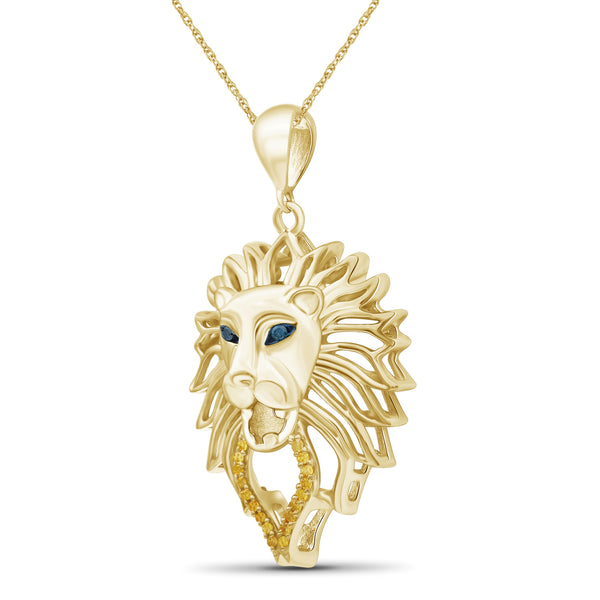 JewelonFire 1/20 Ctw Yellow & Blue Diamond 14K Gold over Silver Lion Face Pendant