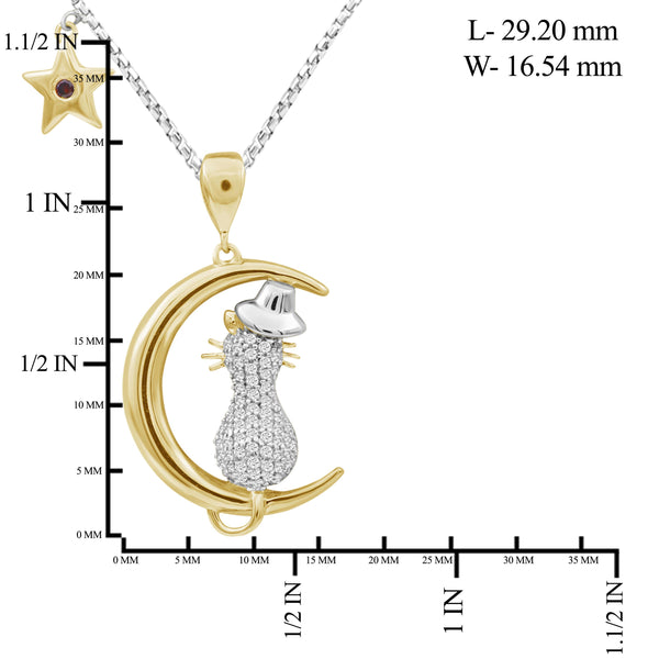 JewelonFire 1/5 Ctw White Diamond Two-Tone Sterling Silver Cat Moon Pendant