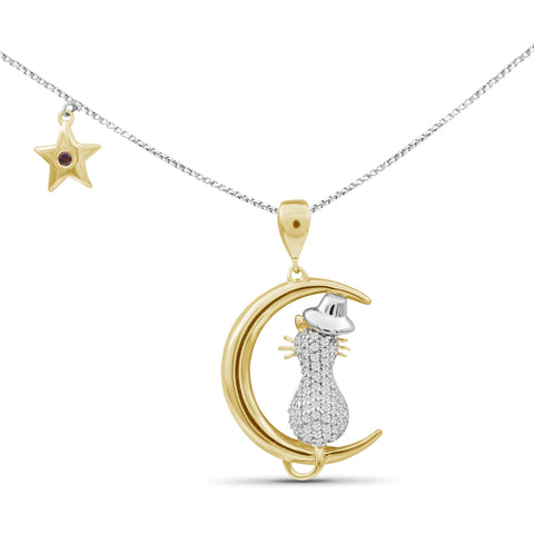 JewelonFire 1/5 Ctw White Diamond Two-Tone Sterling Silver Cat Moon Pendant