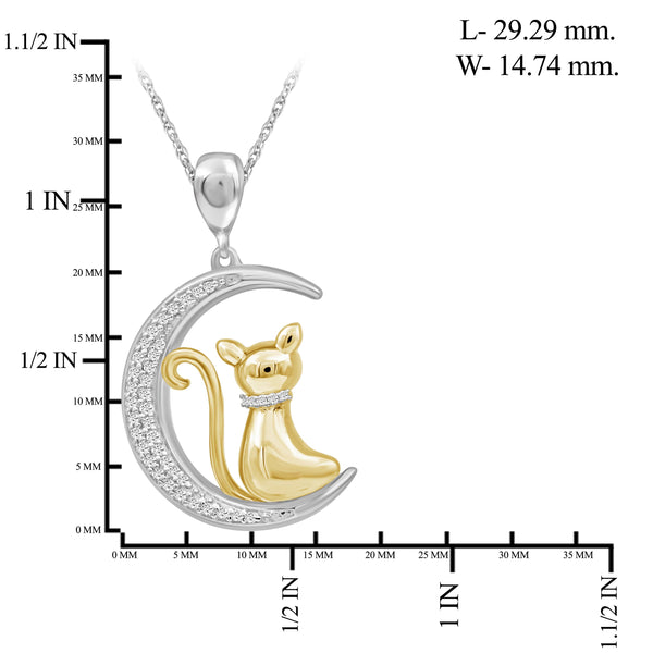 JewelonFire 1/7 Ctw White Diamond Two-Tone Sterling Silver Cat Moon Pendant