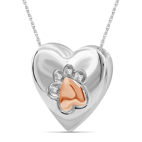 JewelonFire 1/20 Carat T.W. White Diamond Two Tone Silver Heart Paw Pendant