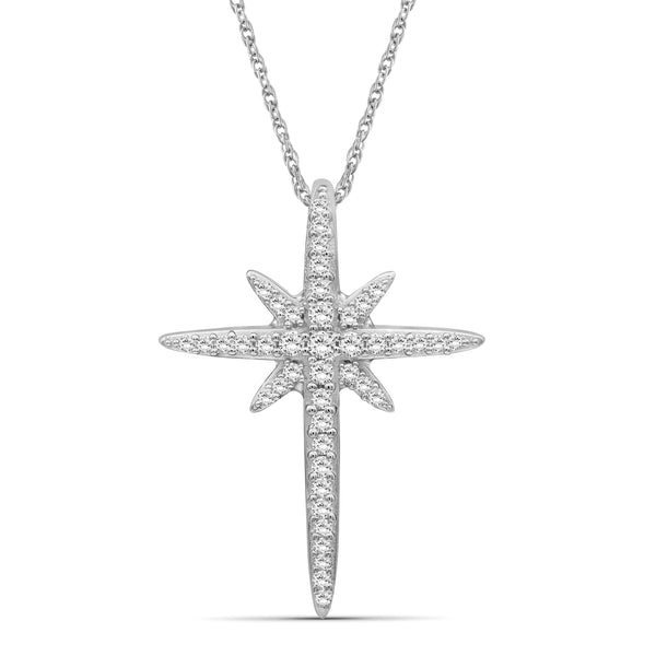 JewelonFire 1/5 Carat T.W. White Diamond Sterling Silver Cross Pendant - Assorted Colors