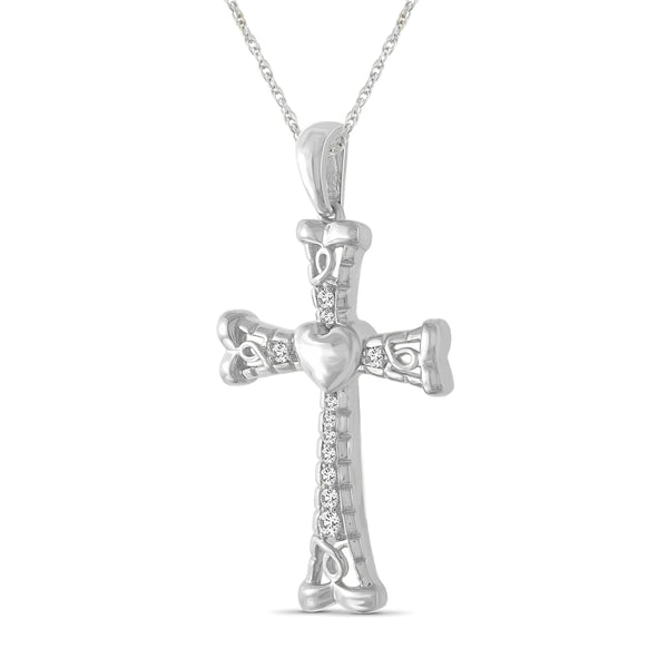 JewelonFire 1/4 Ctw White Diamond Heart Cross Pendant in Sterling Silver - Assorted Colors