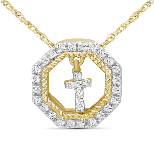 JewelonFire 1/10 Carat T.W. White Diamond Sterling Silver Cross Octagon Pendant - Assorted Colors