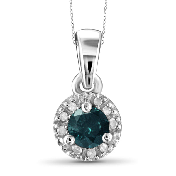 JewelonFire 1/4 Carat T.W. Blue And White Diamond Sterling Silver Halo Pendant