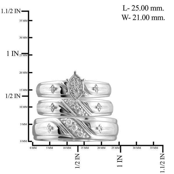 JewelonFire 1/7 Carat T.W. White Diamond Trio Engagement Ring Set in Sterling Silver - Assorted Colors